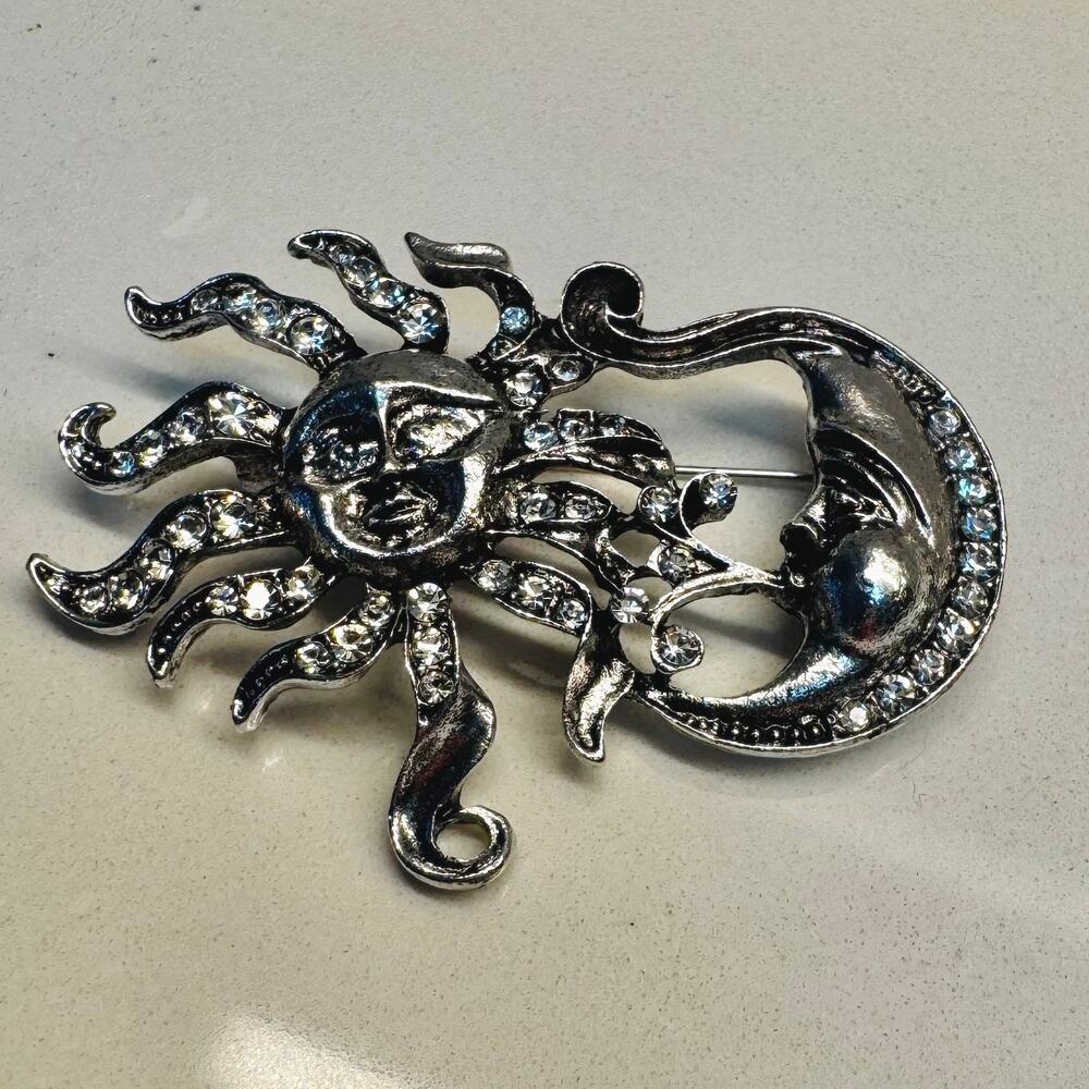 Celestial Sun Moon Face Rhinestone Silver Tone Statement Brooch Pin
